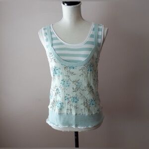 Essentials Antwerp Floral & Striped Tank Top - Blue and Cream